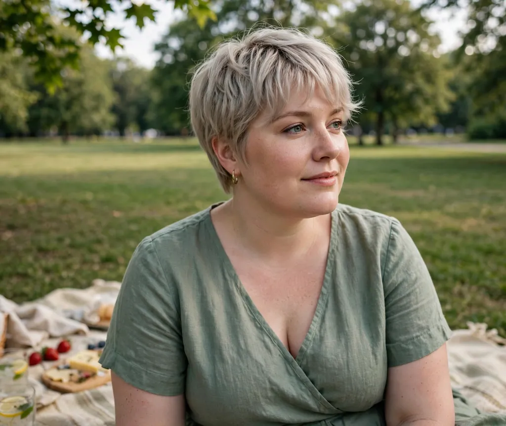 Plus-size woman with a light ash blonde pixie with fringe at a park picnic