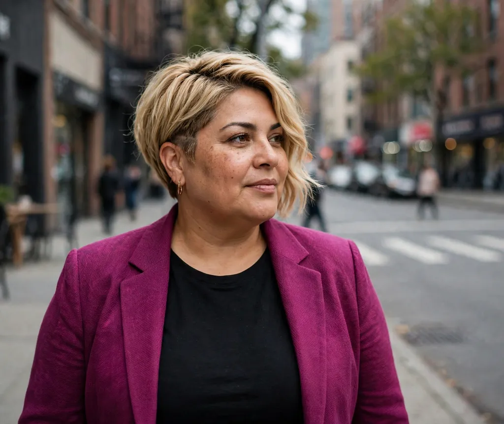 Plus-size woman with a honeycomb blonde asymmetric bob on a city street