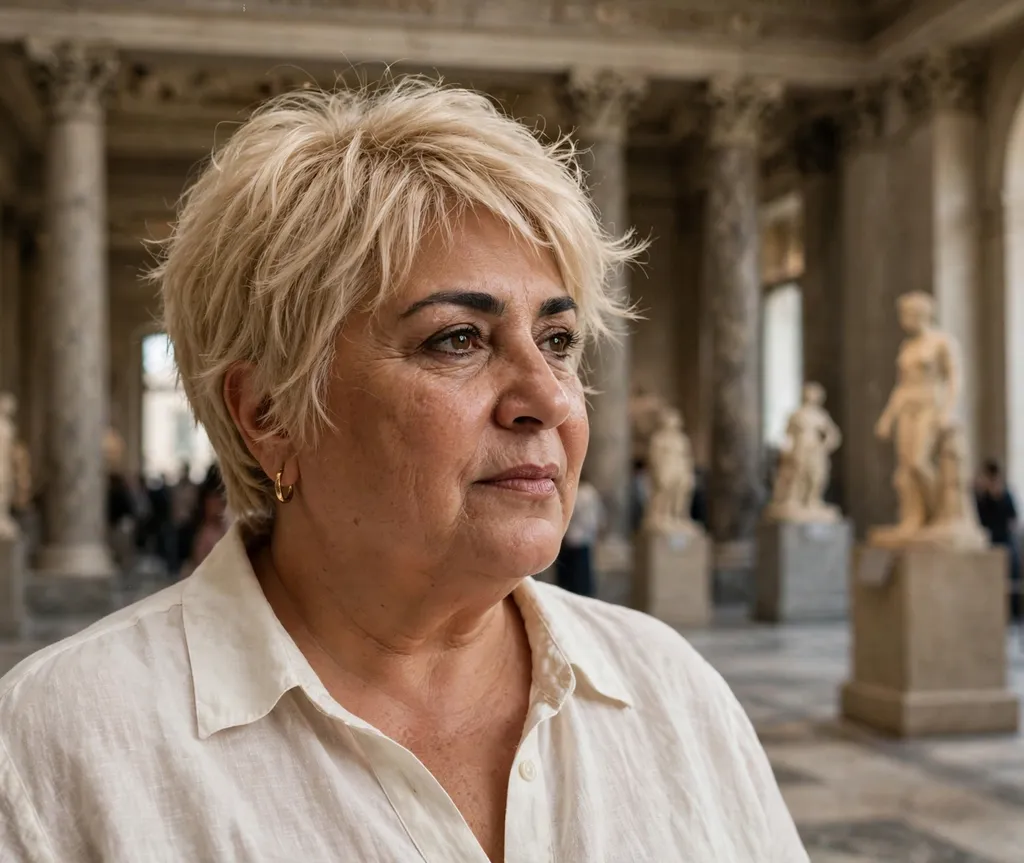 Plus-size woman with a champagne blonde wispy pixie in a museum hall