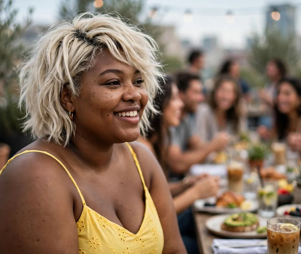 Plus-size woman with a platinum blonde bixie cut at a rooftop brunch