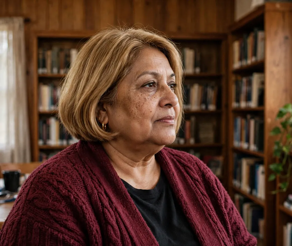 Plus-size woman with a toffee blonde ear-length bob in a library