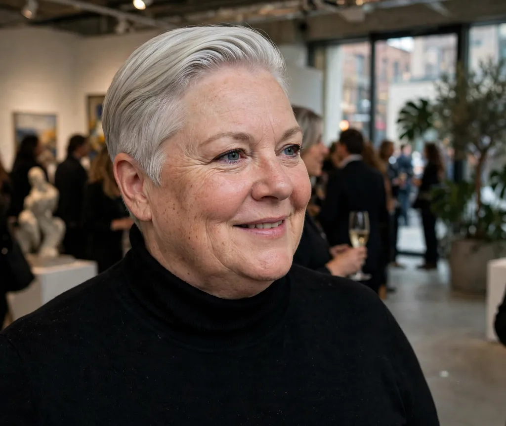 Plus-size woman with a silver-blonde sleek crop at a gallery opening