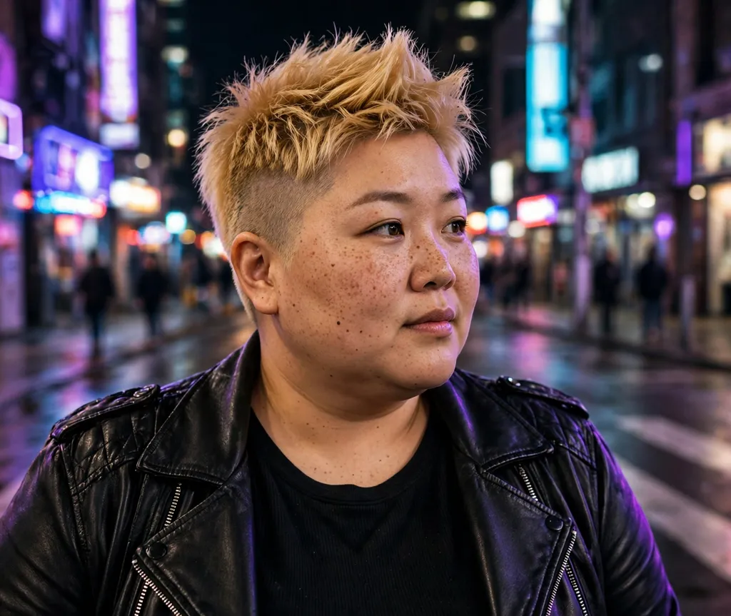 Plus-size woman with a golden blonde faux hawk pixie on a neon-lit street