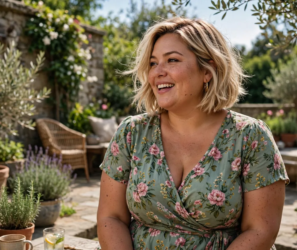 Plus-size woman with a soft blonde feathered bob on a garden terrace