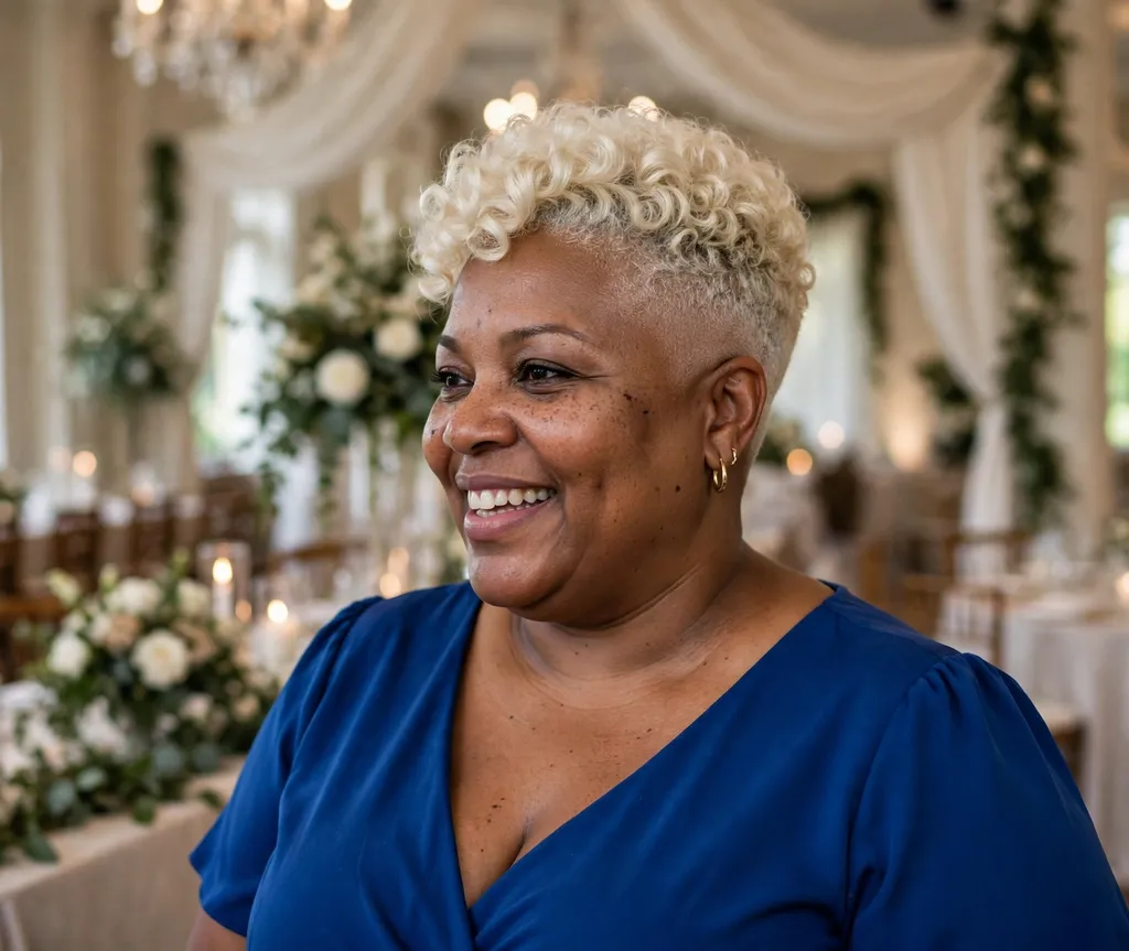 Plus-size woman with a platinum blonde tapered curly crop at a wedding venue