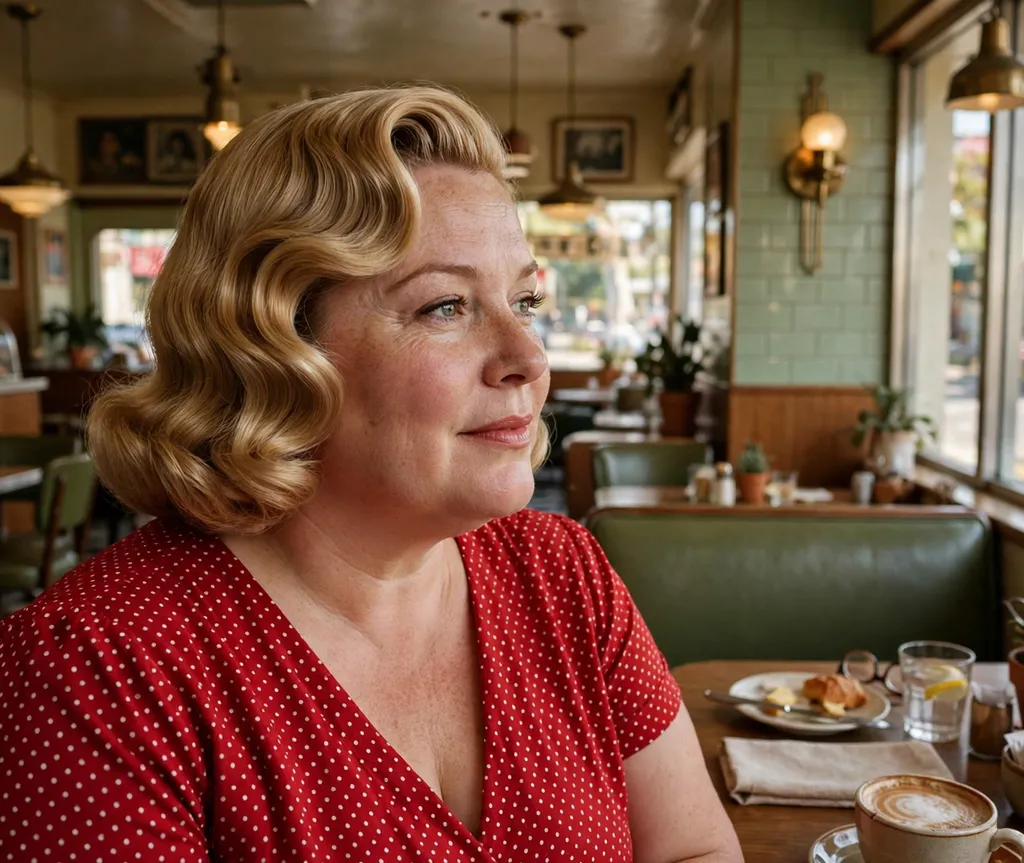 Plus-size woman with a honey blonde vintage wave bob in a retro cafe