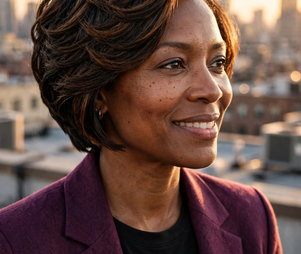 Woman with a textured stacked short bob hairstyle for thin hair on a rooftop at golden hour