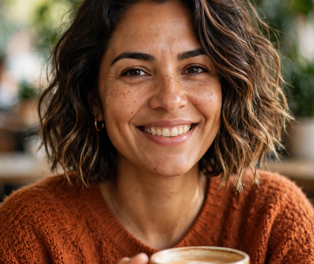 Latina woman with a wavy textured bob for thin hair in a cafe