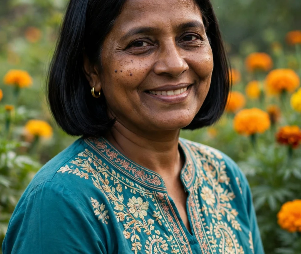 South Asian woman with a sleek blunt bob for thin hair in a garden