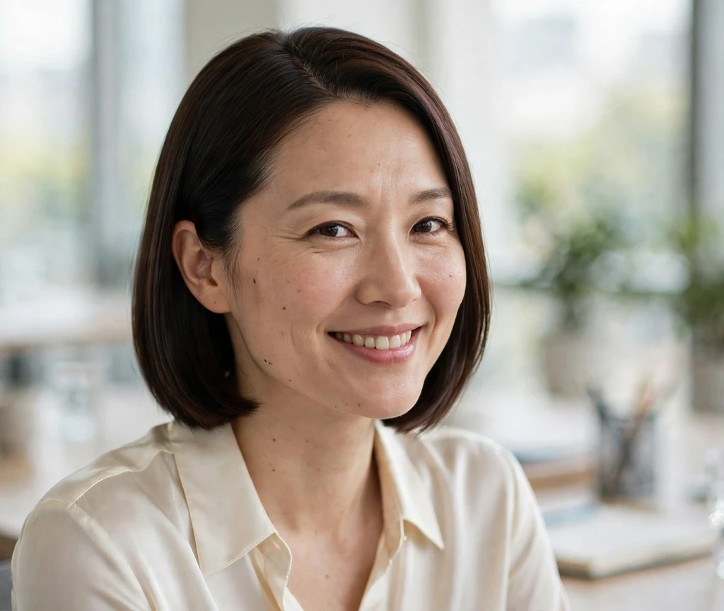 East Asian woman with a sleek side-part bob for thin hair at the office