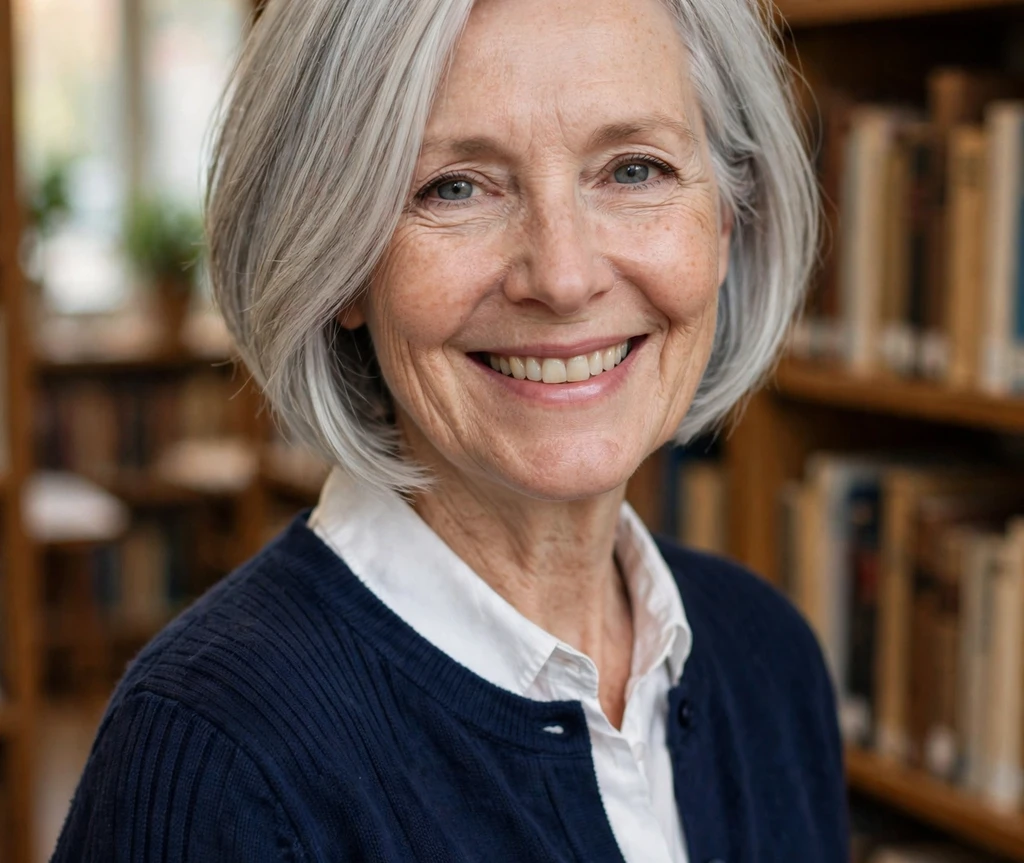 Older woman with a silver angled bob for thin hair in a library