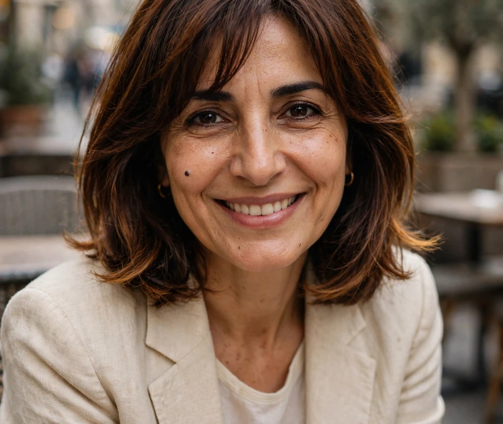 Middle Eastern woman with a layered bob and curtain bangs in a cafe