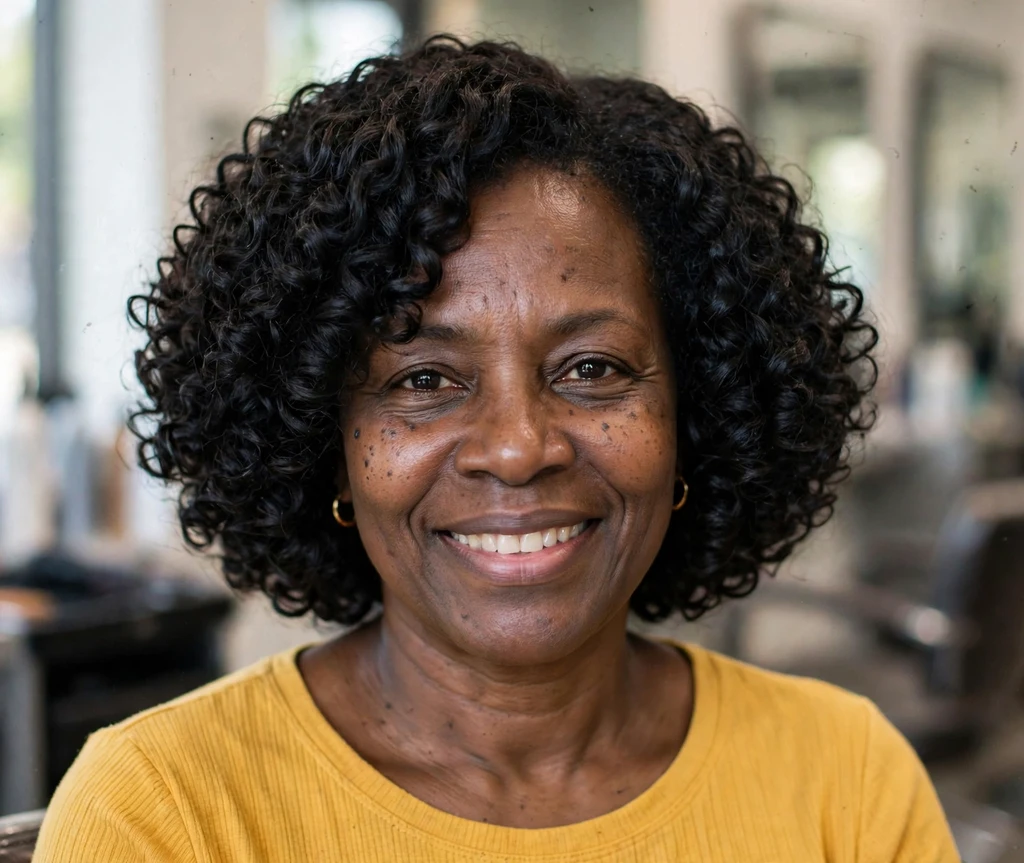 Black woman with a curly rounded bob for thin hair in a salon