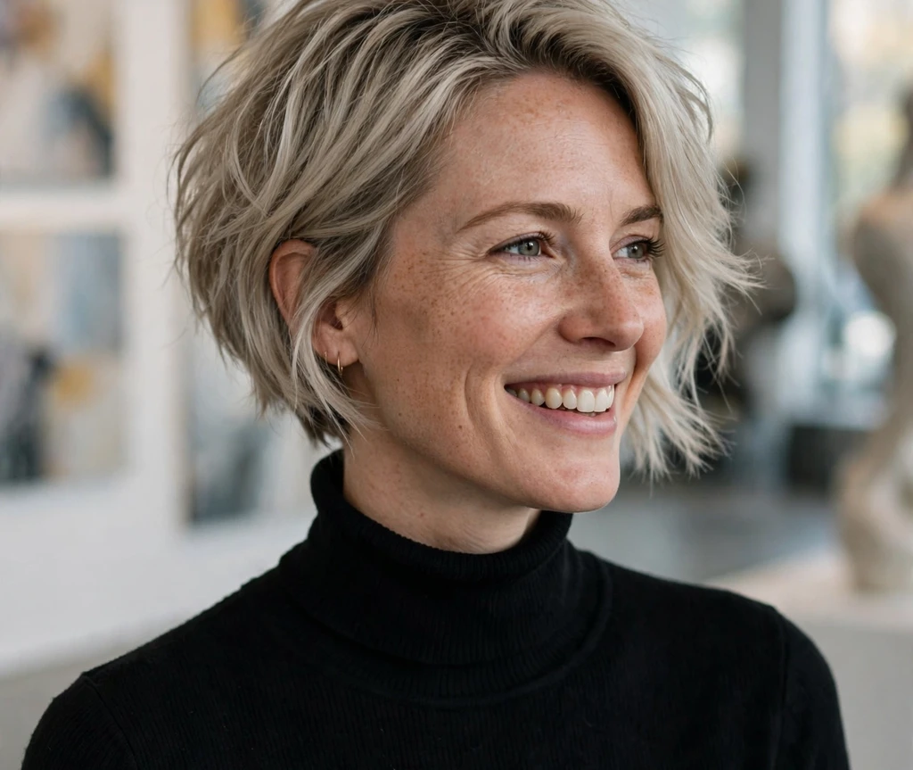Woman with a blonde bixie haircut for thin hair in an art gallery