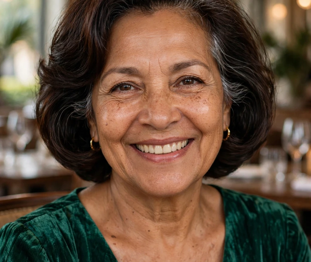 Older Latina woman with an Italian bob for thin hair in a restaurant