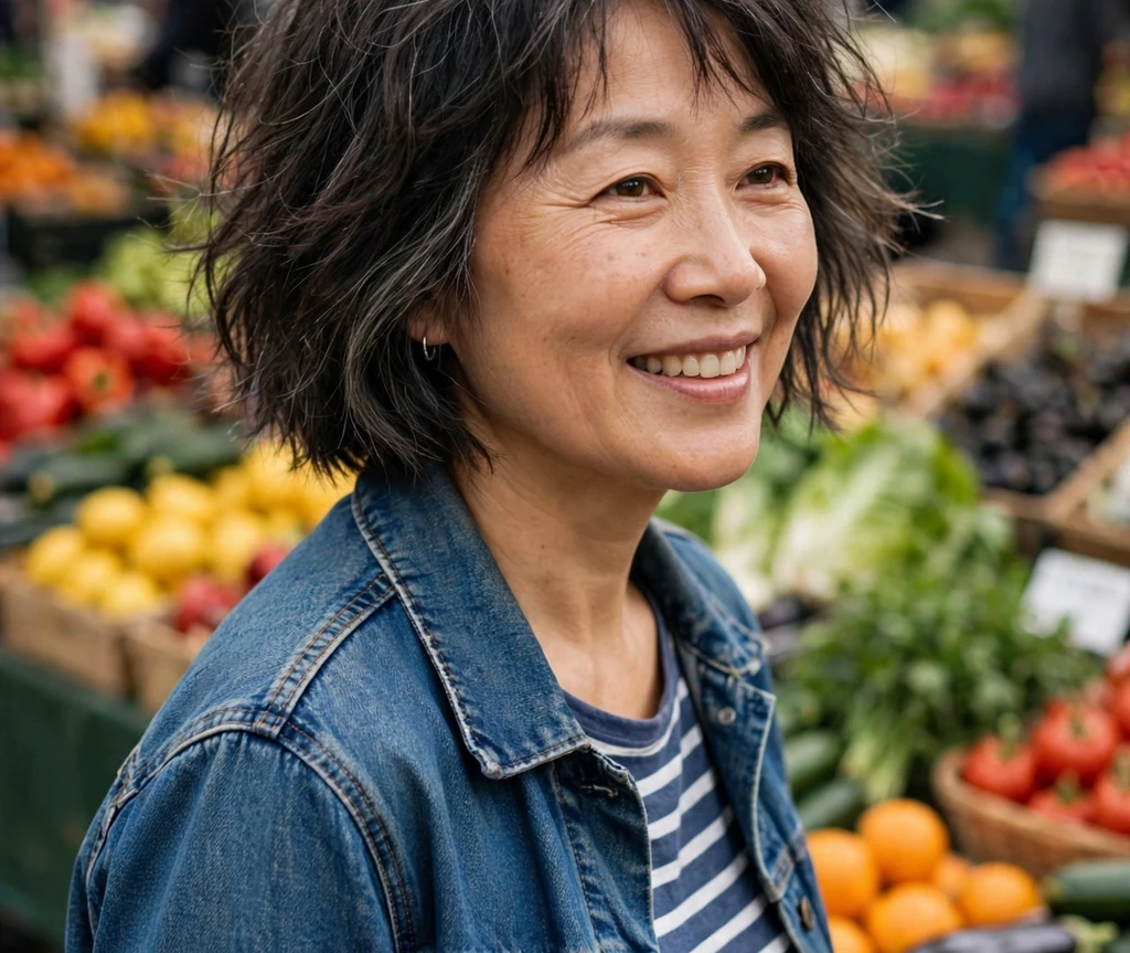 East Asian woman with a choppy textured bob at a farmers market