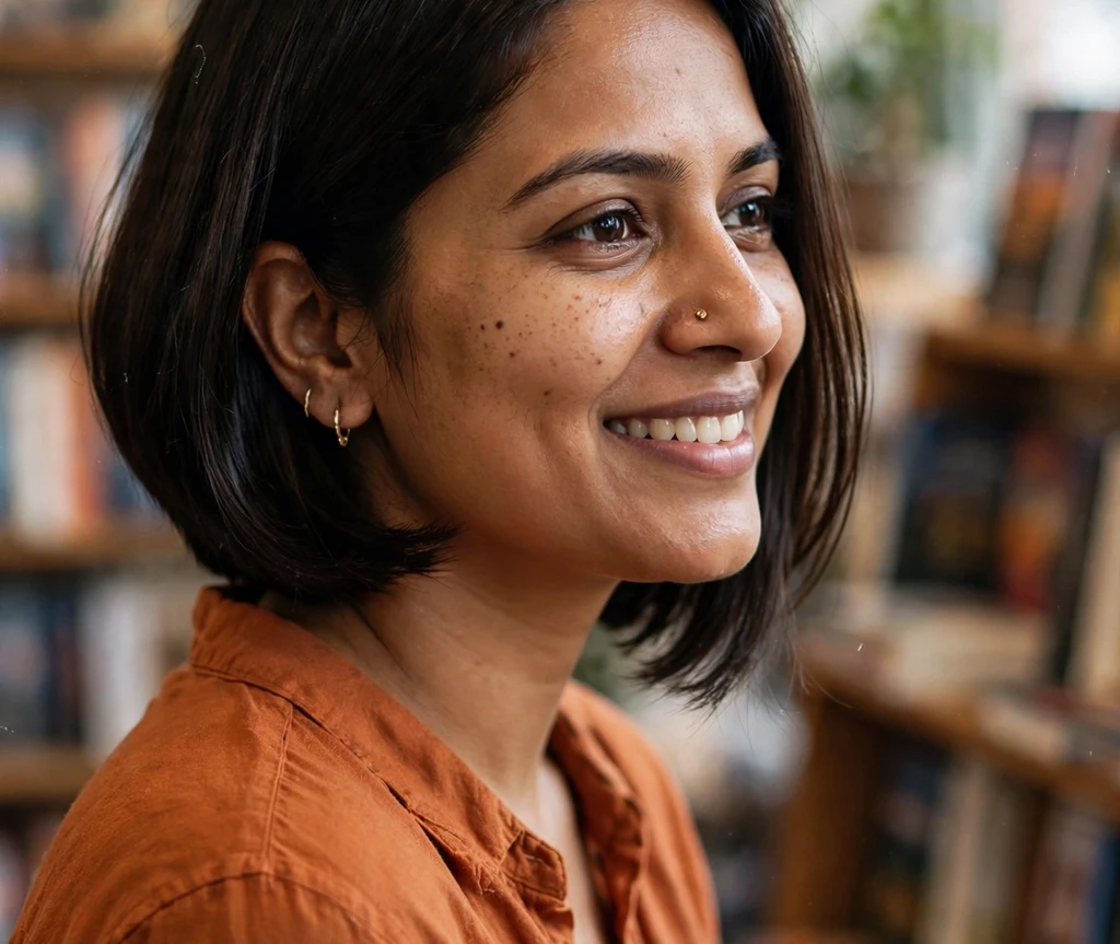 South Asian woman with a sleek inverted bob in a bookstore