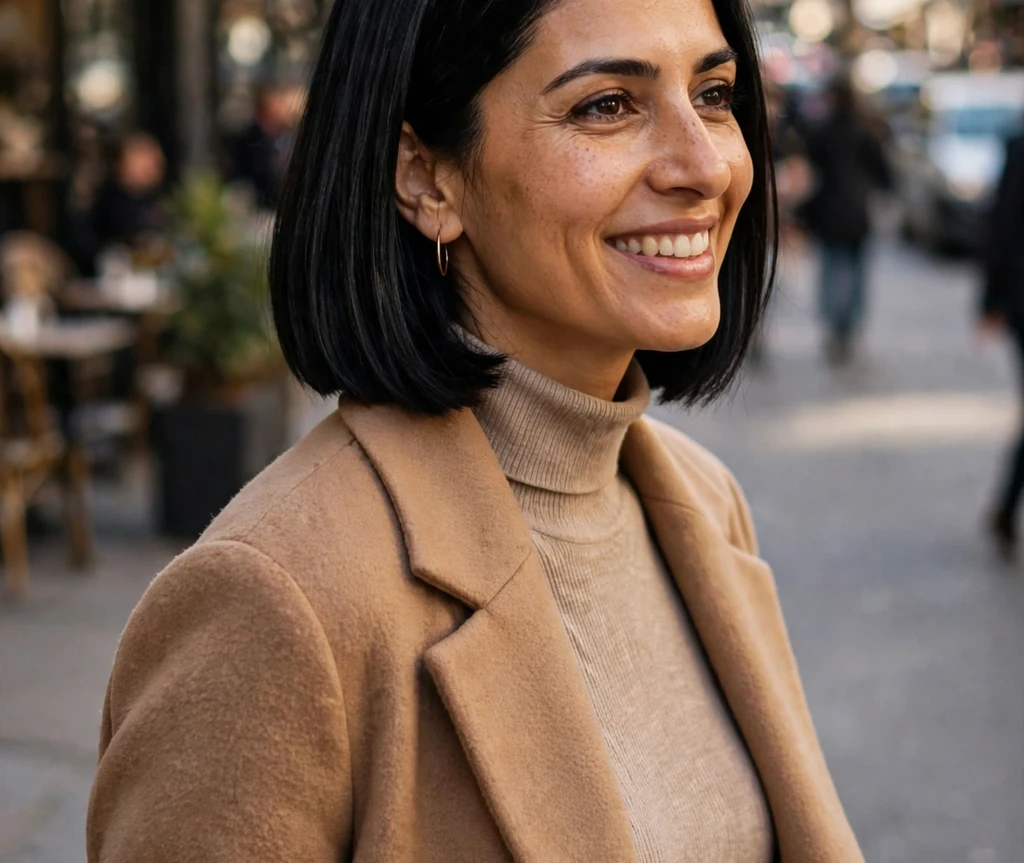 Middle Eastern woman with a sleek jawline bob on a city street