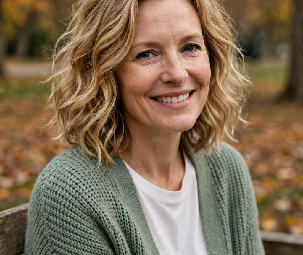 Woman with a honey-blonde wavy lob for thin hair on a park bench
