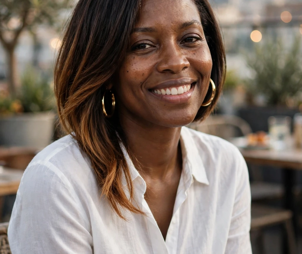 Black woman with an asymmetrical bob for thin hair at a rooftop cafe
