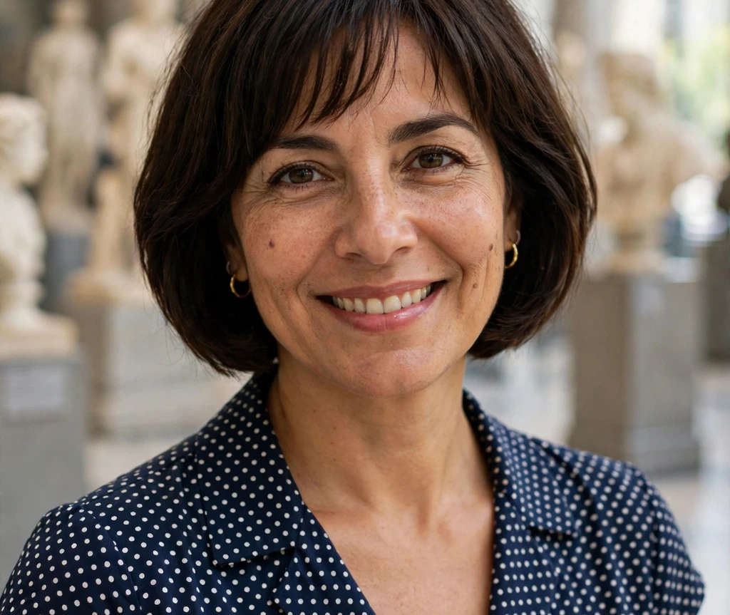 Latina woman with a French bob and wispy bangs in a museum