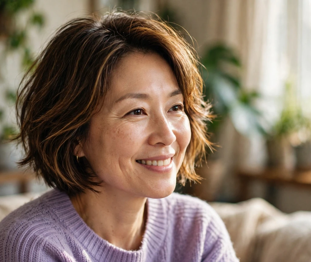 East Asian woman with an airy textured bob for thin hair at home