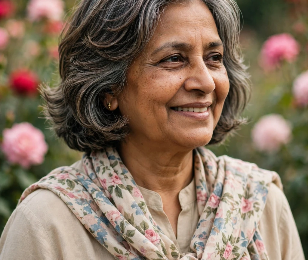 Older South Asian woman with a feathered layered bob in a rose garden