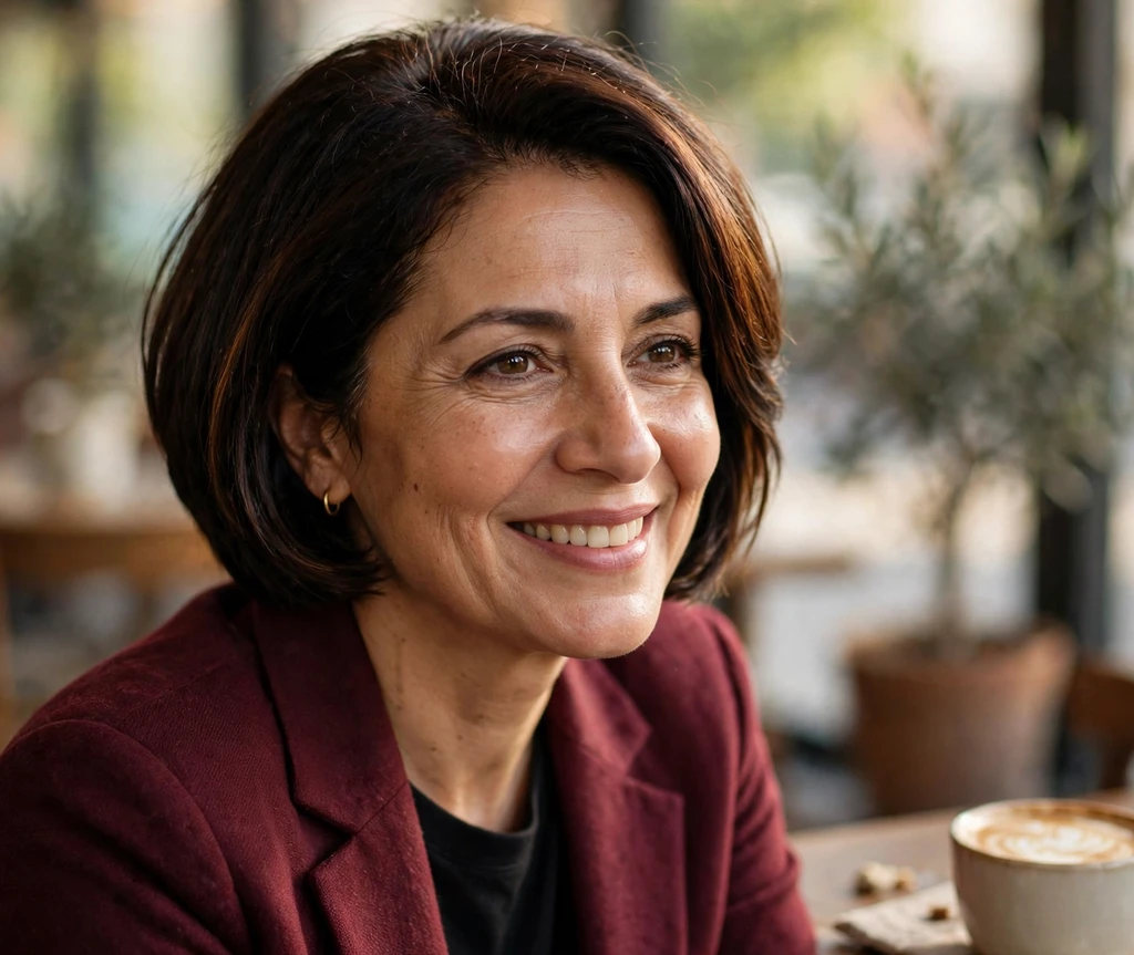Middle Eastern woman with a precision stacked bob in a cafe