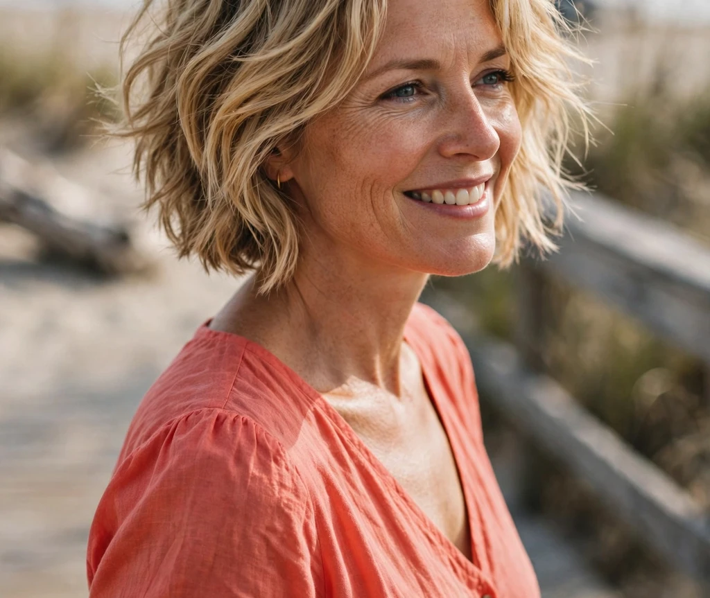 Woman with a tousled sandy-blonde bob on a beach boardwalk