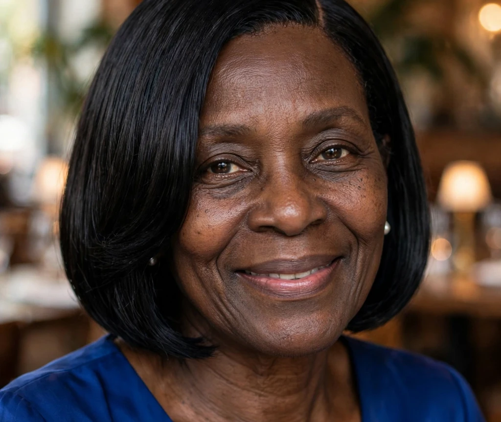 Older Black woman with a sleek chin-length bob in a restaurant