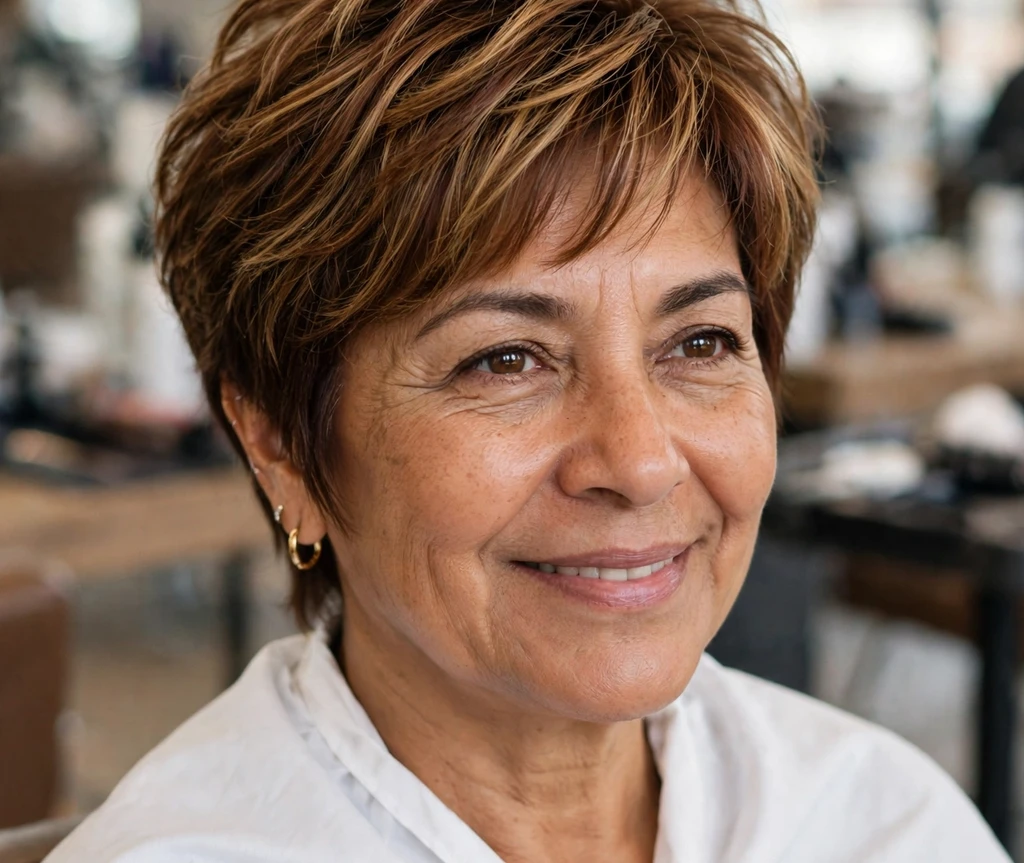 Latina woman with a feathered bixie in a hair salon