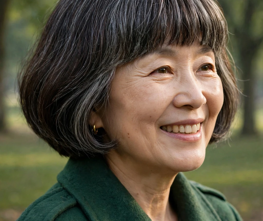 Older East Asian woman with a mushroom bob in a park