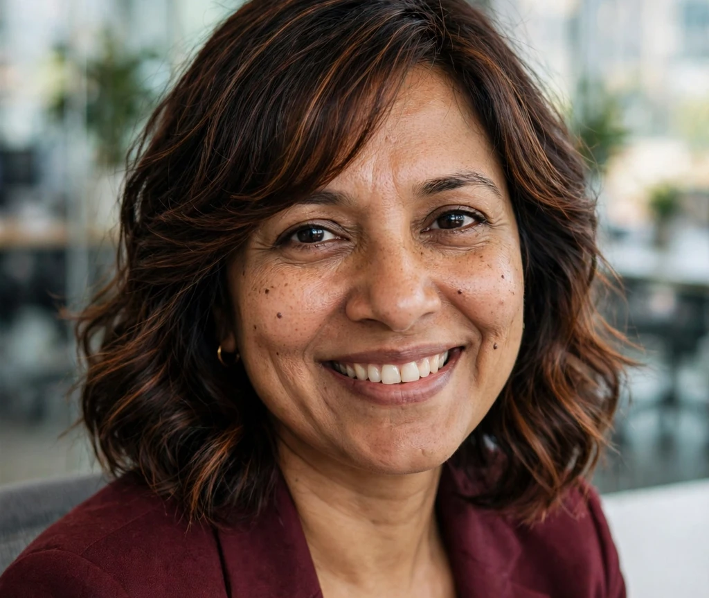 South Asian woman with a wavy bob and side-swept bangs at the office