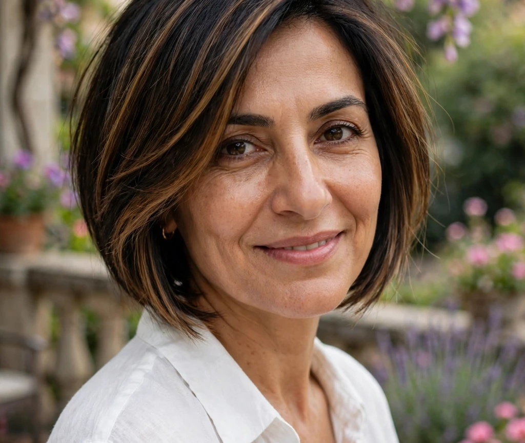 Middle Eastern woman with a sharp angled bob on a garden terrace
