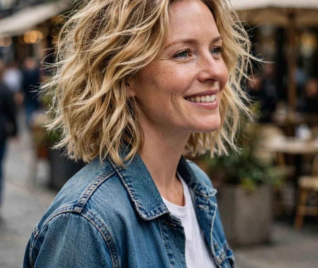 Woman with a beach-wave bob for thin hair on a city street