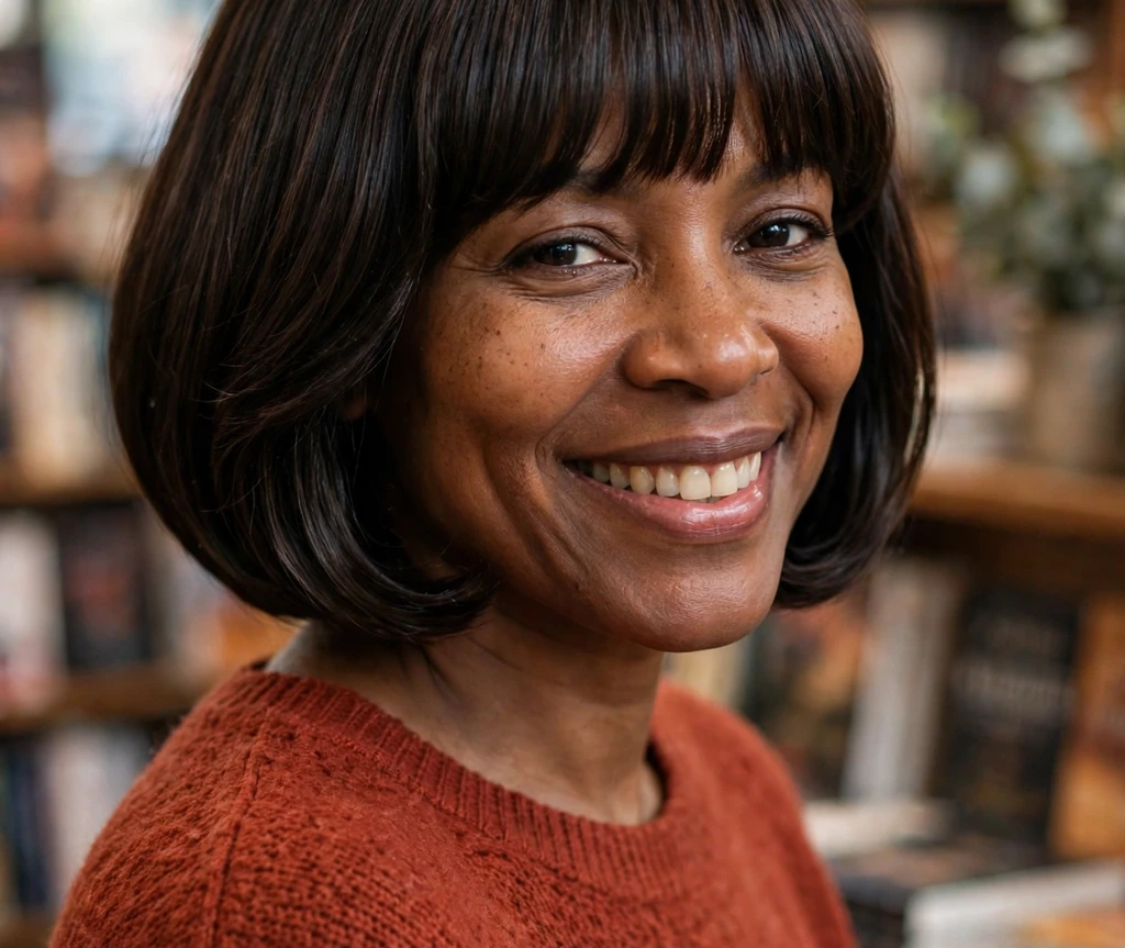 Black woman with a French bob and full fringe in a bookstore