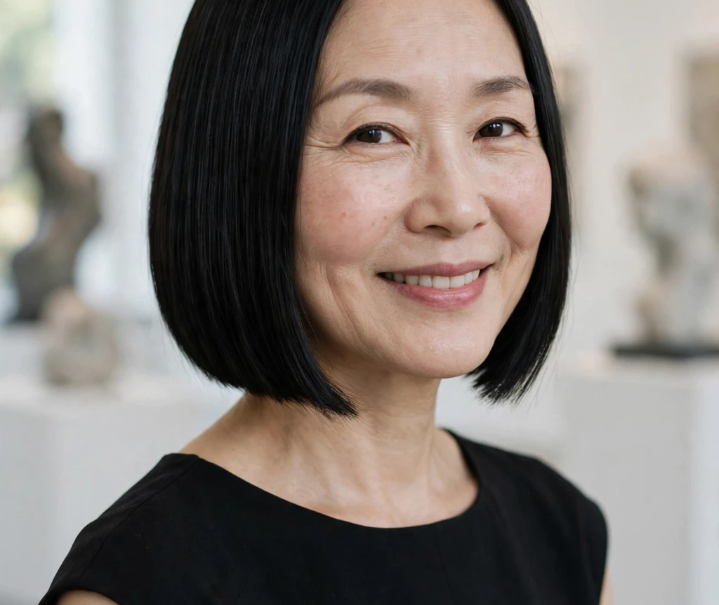 East Asian woman with a razor-sharp blunt bob in an art gallery