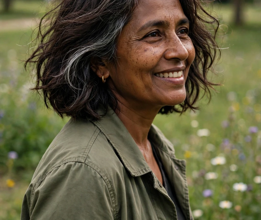 South Asian woman with a tousled bob for thin hair in a park