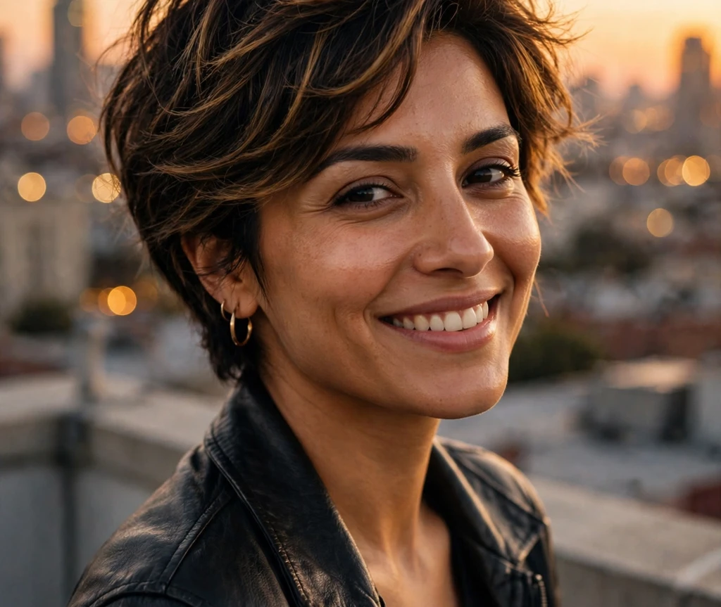 Middle Eastern woman with a textured bixie on a rooftop at sunset