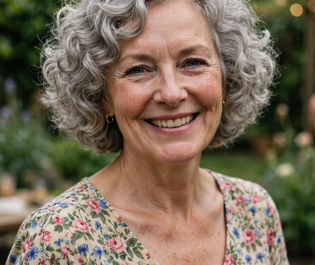 Older woman with a curly silver bob at a garden party