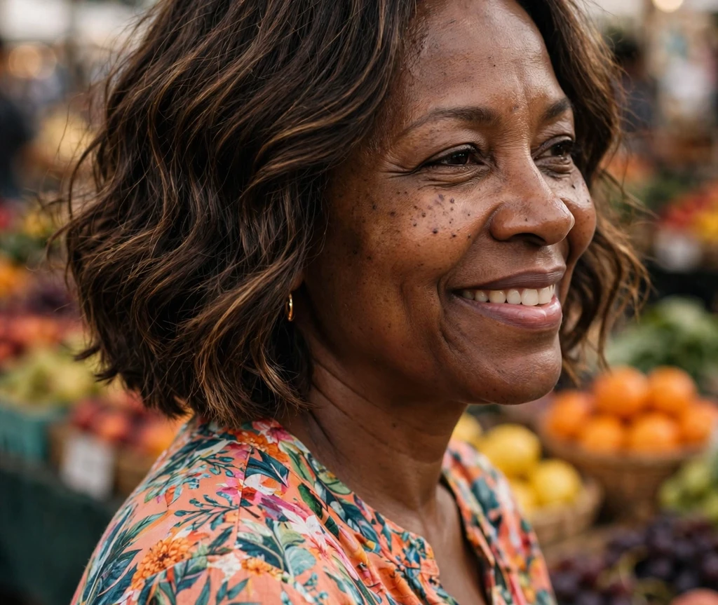 Black woman with a textured wavy bob at a farmers market