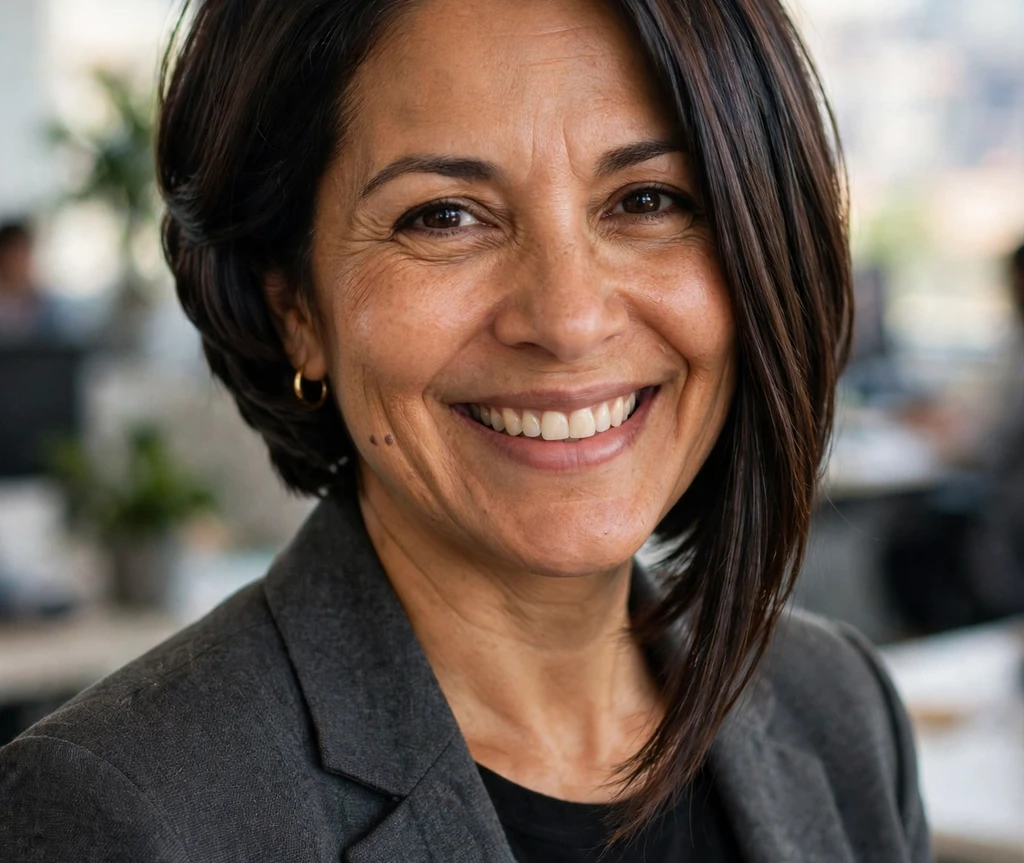 Latina woman with a sleek inverted bob in an office