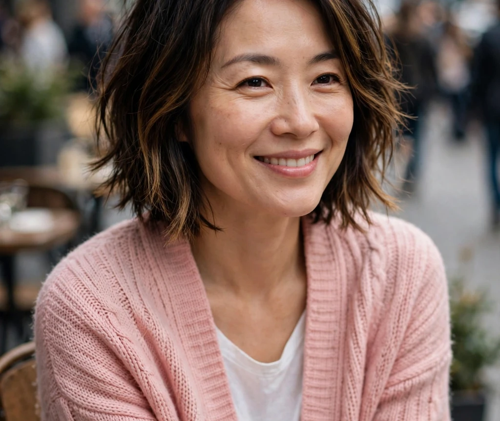 East Asian woman with a highlighted choppy bob at a street cafe