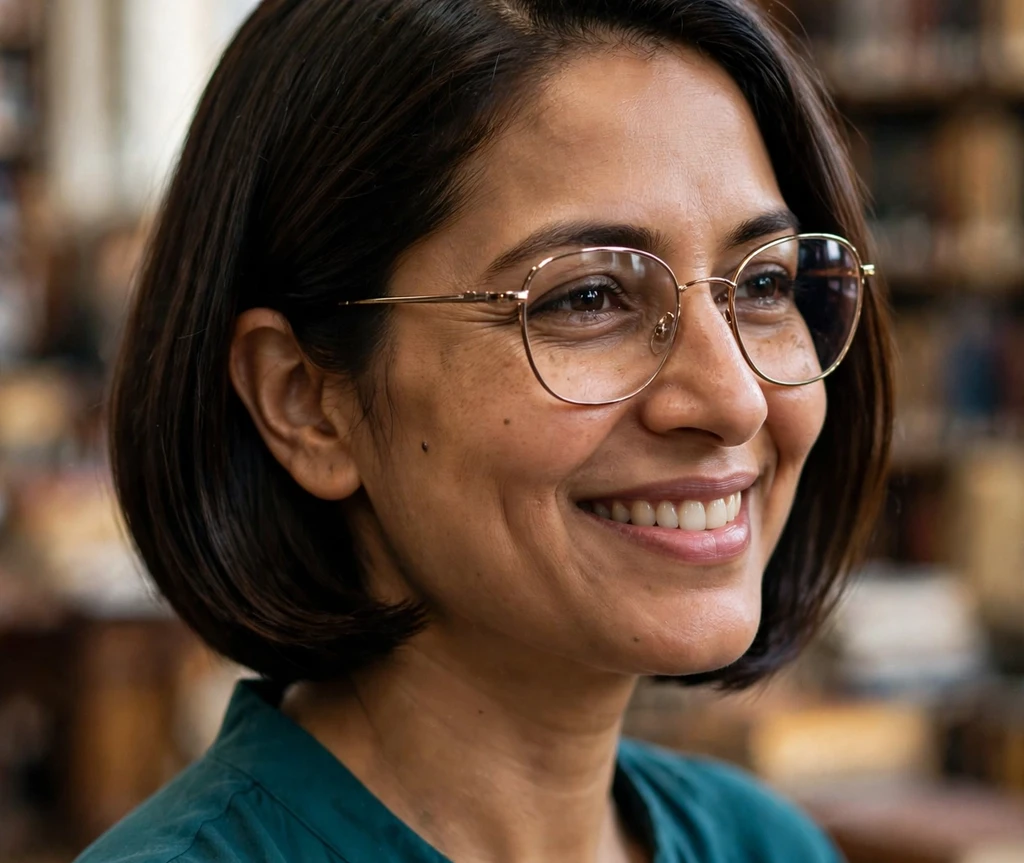 South Asian woman with a glass-sleek bob in a library