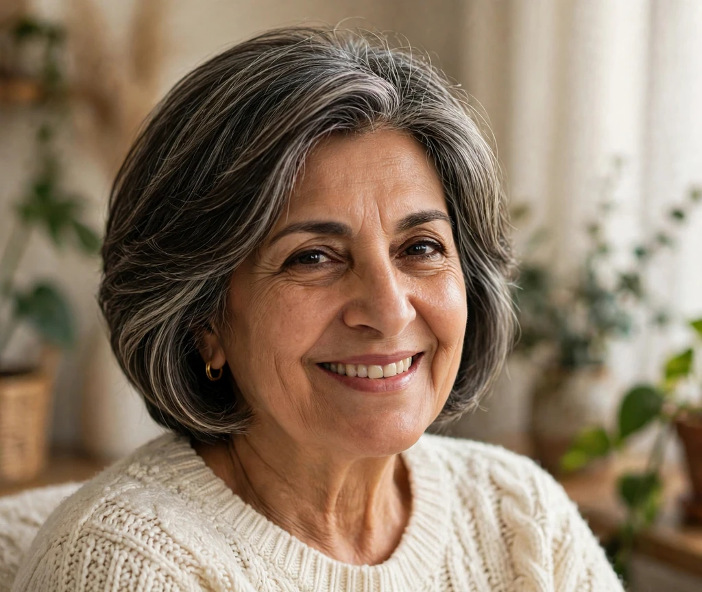 Older Middle Eastern woman with a soft stacked bob at home