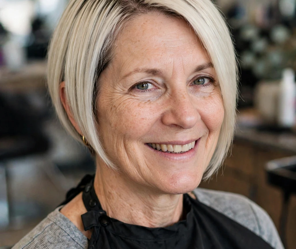 Woman with a platinum asymmetrical bob in a salon
