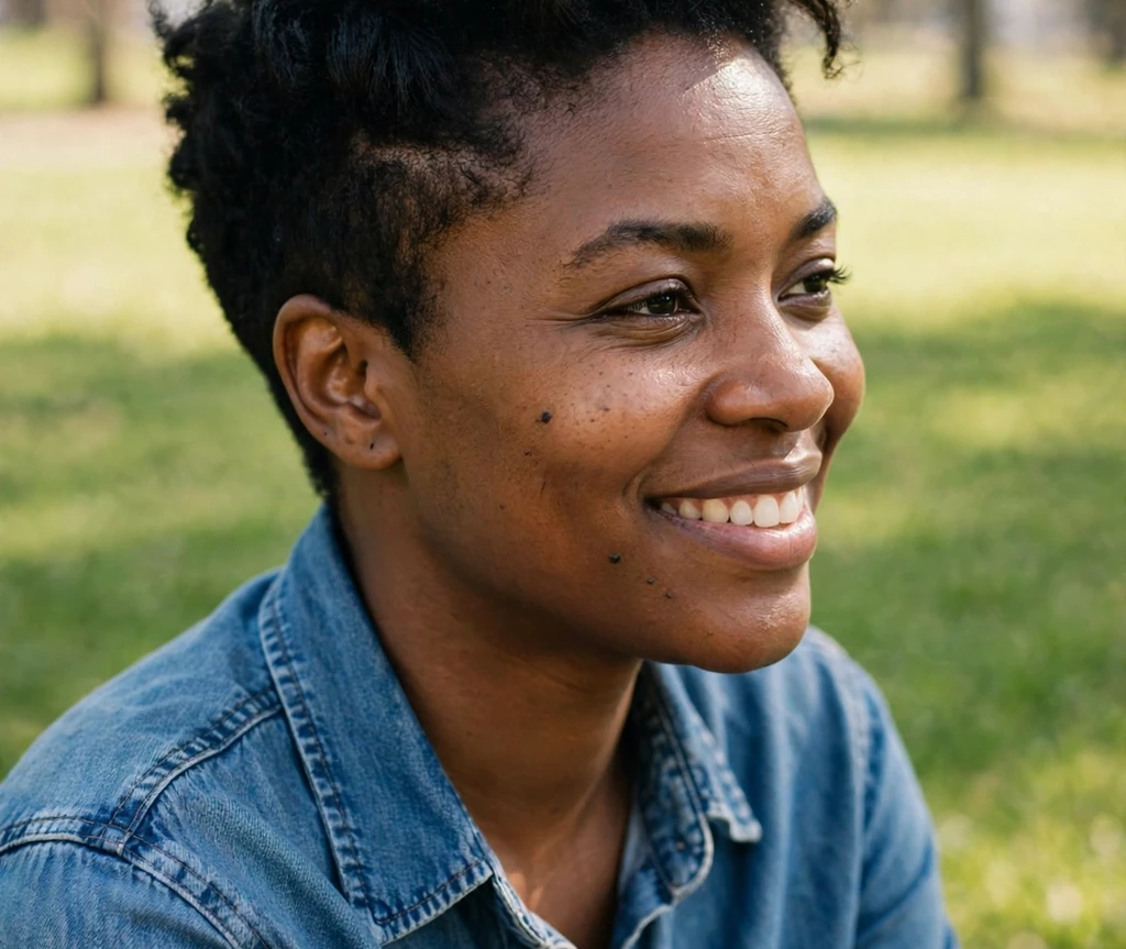 Black woman with a tapered bixie for thin hair in a park