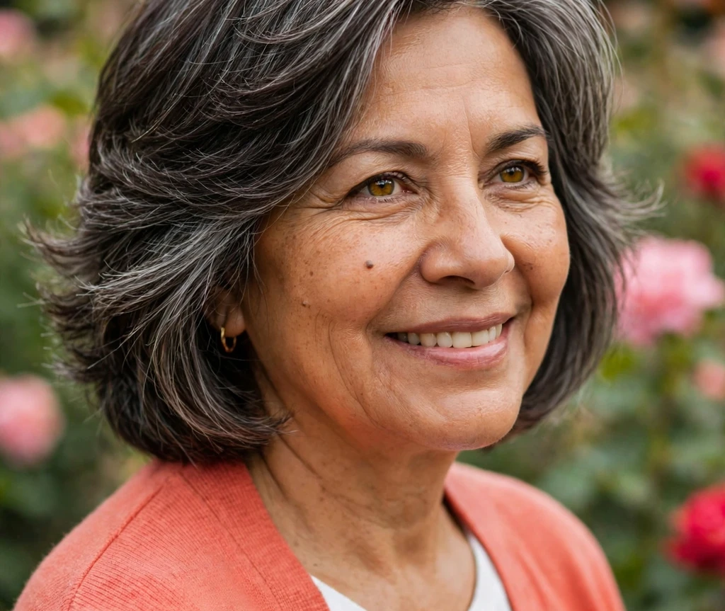 Older Latina woman with a feathered layered bob in a garden