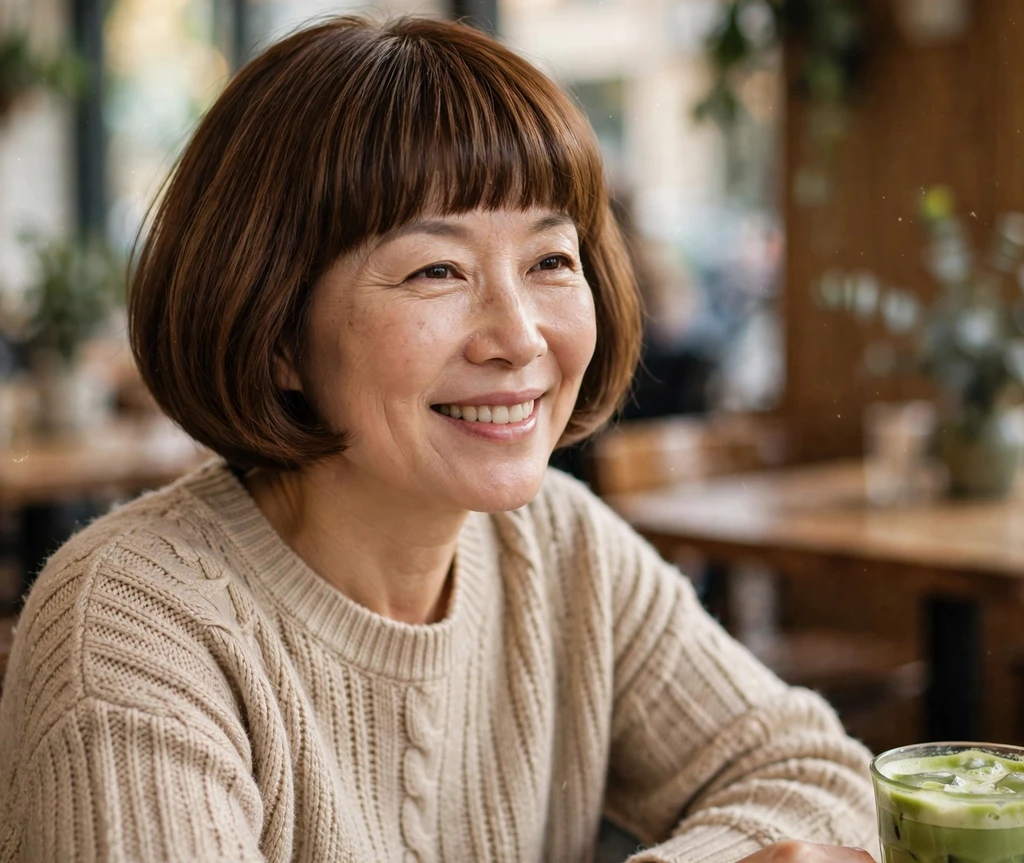 East Asian woman with a mushroom bob and bangs in a cafe