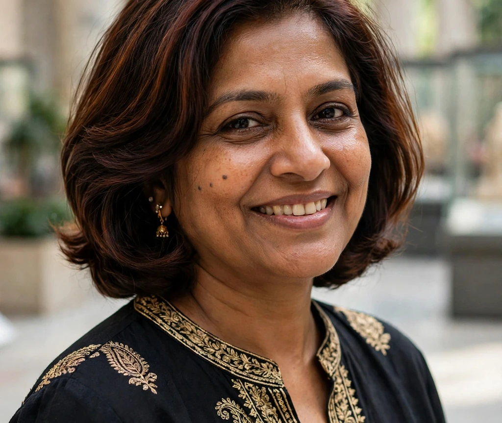 South Asian woman with a voluminous Italian bob in a museum